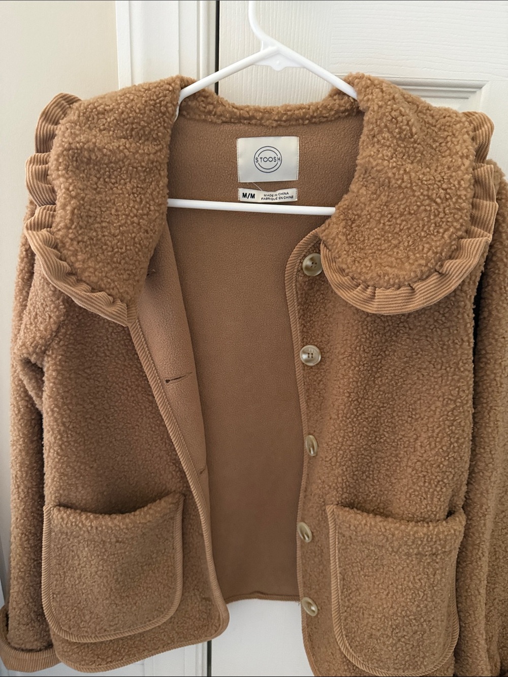 Stoosh Camel Teddy Sherpa Jacket with Ruffle Collar